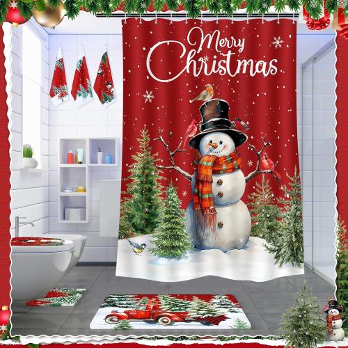 Vesici 7 Pcs Christmas Shower Curtain Set Merry Christmas Bathroom Curtain Non Slip U Shape Rugs Toilet Seat Cover Mat and 3 Towels Waterproof Watercolor Xmas Winter Bathroom Accessories