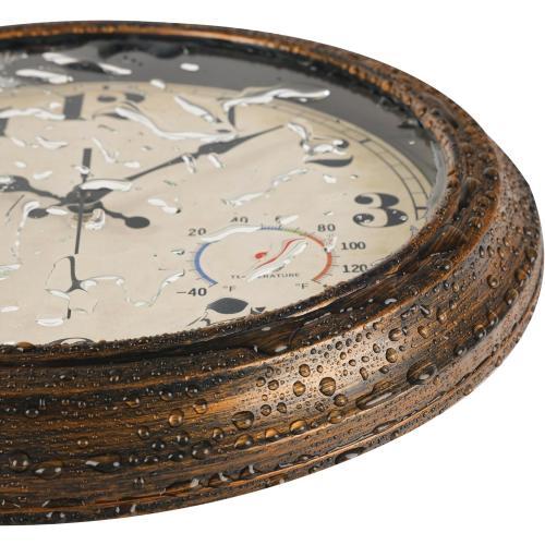 45MinST 13-Inch Vintage Outdoor Wall Clock with Thermometer and Hygrometer, Waterproof, Large Numbers, Silent, for Indoor and Outside Use,Porch,Garden,Pool(Bronze)