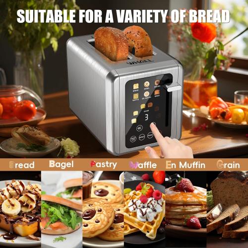 WHALL Touch Screen Toaster 2 Slice, Stainless Steel Digital Timer Toasters with Sound Function, Smart Extra Wide Slots Toaster with Bagel, Cancel, Defrost (silver)