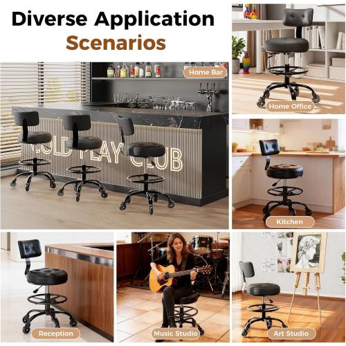 Office Drafting Chair with Footrest, Tall Height Adjustable Stool with Back Support, Heavy Duty Rolling Stool Chair with Wheels for Office Home Kitchen Bar Shop Guitar Studio Medical Vanity(Black)