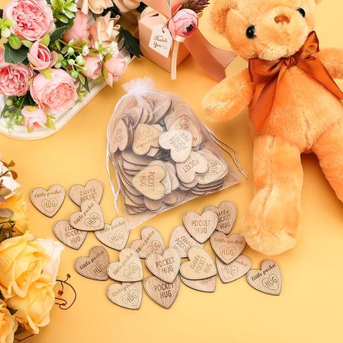 CroBlissful 150 Pcs Wooden Pocket Hug Token Bulk with 3 Pcs Organza Bags Remembrance Little Heart Star Round Pocket Hug Keepsake for Family Birthday Celebration of Life Funeral Love Gifts (Heart)