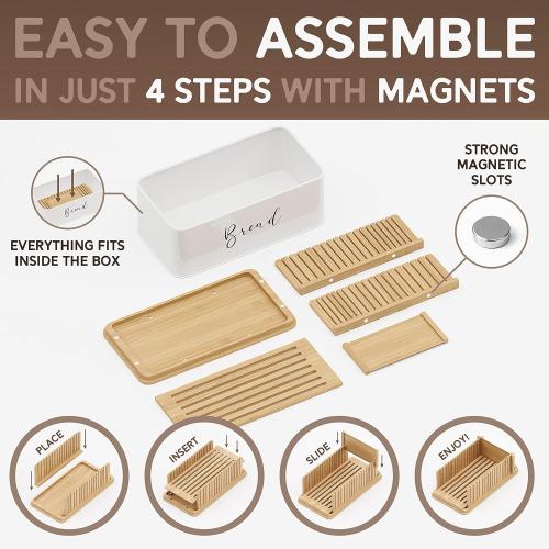 Size  16.5 x 8.5 x 6 inches NATURE SUPPLIES | White Bread Box For Kitchen Countertop With Professional Cutter Guide | Farmhouse Bread Bin & Bamboo Bread Slicer Set | Metal Bread Box With Cutting Board For Bread, Bagel, Loaf