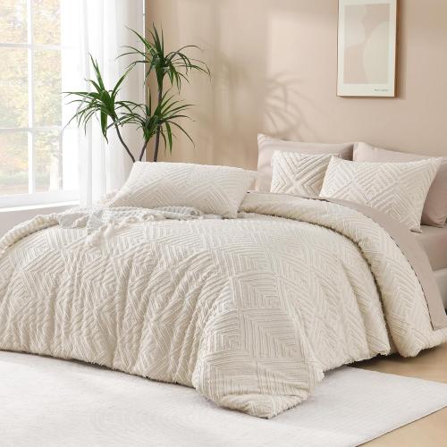 King Size Comforter Set Beige, 7 8-A-2400-A-1Pieces Boho King Bedding Comforter Set Cream, All Season Soft Lightweight Tufted Textured Down Alternative Comforter Fluffy Bed Set