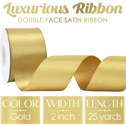 MEEDEE Gold Satin Ribbon 2 Inch Gold Ribbon Lux Double Faced Ribbons by 25 Yards Silk Satin Ribbons for Gift Wrapping, DIY Crafts, Wedding, Flower Bouquet, Holiday Decorating