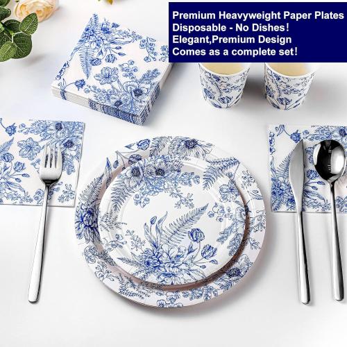 Dandat 250 Pcs Blue Floral Paper Plates and Napkins Blue Bridal Shower Tea Party Decorations Blues White Floral Tableware Set for 50 Guests Disposable Plates Napkins Cups Wedding Baby Bridal Shower