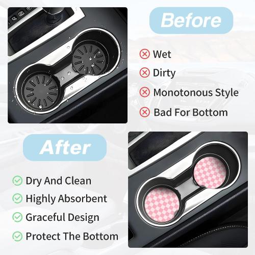 Pink Checkered Car Coasters for Cup Holders,2 Pack Car Cup Holder Coasters for Car,Ceramic Absorbent Car Coaster with A Finger Notch and Cork Base,Car Interior Accessories for Women Men