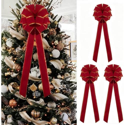 Red Velvet Christmas Tree Bows - Set of 3 Large 12x33 Inch Vintage Holiday Bows for Xmas Tree Decorations, Gift Wrapping, Garland, Party Decor for Indoor Outdoor Dilicoming
