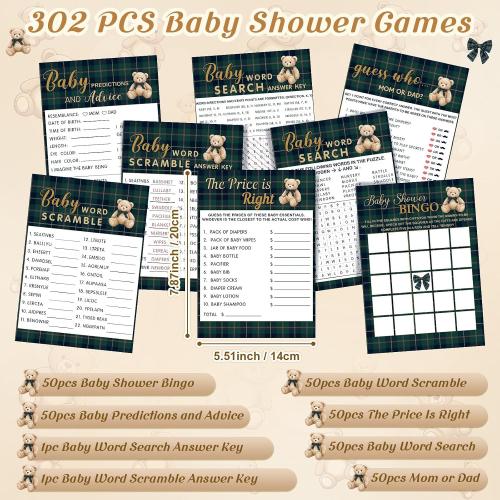 302 Pcs Baby Shower Games, 6 Games,50 Sheets Each, Bear