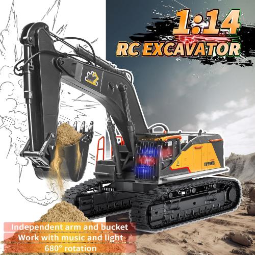 22 Channel Remote Control Excavator, 1/14 Scale RC Excavator Metal Shovel Independent Arms, Professional Construction Vehicles with Lights Sounds, Best Gift for 8  Years Old Boys Adults