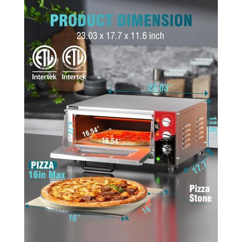 Size 16 color silver WantJoin 16 Inch Indoor Pizza Oven Countertop - ETL Listed, Electric Pizza Ovens with Pizza Stone, 60-Min Ring Timer, for Home and Restaurant, 1600W