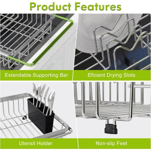 JASIWAY Dish Drying Rack in Sink, Expandable Stainless Steel Dish Drainer for Kitchen Sink, Dish Strainer Rack, Retractable Over Sink Dish Rack with Utensil Holder, 13.1''~16.6''D x 11.8''W, Silver