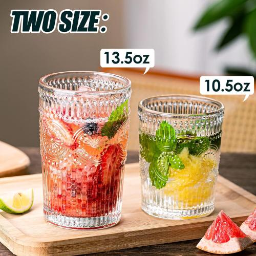 Vintage Drinking Glasses, Textured Clear Striped Glass Cups-6 Highball Glasses 13oz & 6 Rocks Glasses 10oz, Ribbed Glassware Set, Mojito Cups, Cocktail Glass, Iced Coffee Cup