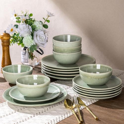 AmorArc Ceramic Dinnerware Sets for 4, 12 Pieces Handpainted Plates and Bowls Set, Scratch Resistant Stoneware Dishes Set, Dishwasher & Microwave Safe, Olive Green