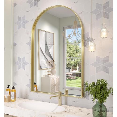 Arch Mirror, Size 40 x 30 Inch Gold Arch Mirror for Bathroom, Arched Wall Mirror, Aluminum Alloy Frame Gold Bathroom Vanity Mirror for Living Room Bedroom Entryway Mantel Hallways Decor
