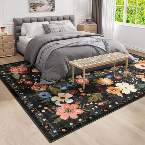 8x10 Washable Area Rug for Living Room, Floral Non-Slip Non-Shedding & Easy Care Black Green Large Soft Low Pile Indoor Floor Carpet for Living Room Bedroom Farmhouse Dining Room Kids Playroom
