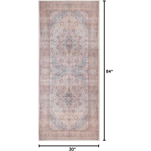 GLN Rugs Vintage Collection - Machine Washable Area Rug, Vintage Washable, Non Slip, Low Pile Rug, Living Room, Bedroom, Bathroom Rug - Easy Clean (2'6x7' Multi/Pink)
