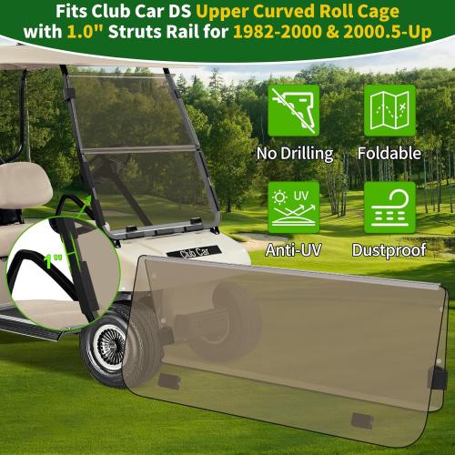 Golf Cart Foldable Windshield 3/16 (5MM) Only Fits Club Car DS 1982-Up with 1×1 Strut Top Tapered or Curved Rail Style, Folding Acrylic Replacement - Tinted (Not Fit Front Straight Up Rail Style)