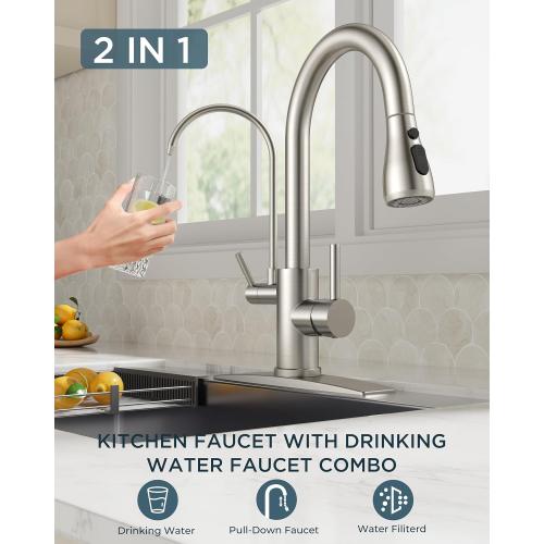 FORIOUS Kitchen Faucets with Water Filter, 2 in 1 Stainless Steel Pull Down Sink Faucet and Purified Water Faucet Rustic High Arc Single Handle with Detachable Deck for 1 or 3 Hole, Brushed Nickel‼️missing small O-ring‼️