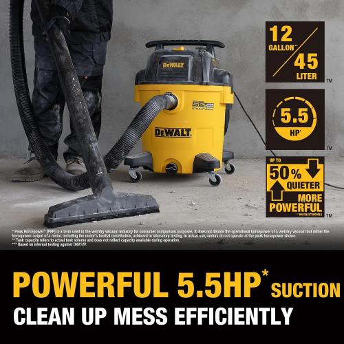 DEWALT Stealthsonic 12 Gallon 5.5 HP Shop Vacuum Wet and Dry, DXV12P-QTE | Ultra Quiet Motor with Powerful Suction, 6 Dust Bags & Accessary Storage Bag Design for Garage Workshop and Jobsite Cleanup