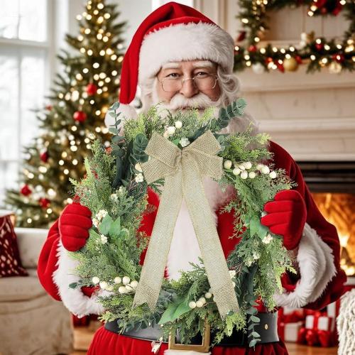 24-Inch Spring Greenery Wreath – Faux Pine & Eucalyptus Mixed Botanical Wreath with White Meadow Berries & Natural Burlap Bow – Modern Farmhouse Front Door Decor for Year-Round Use