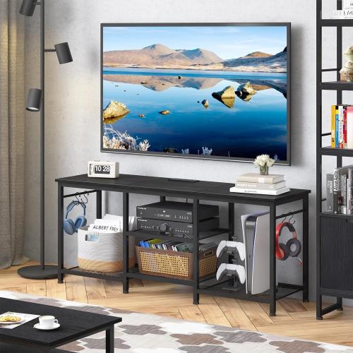 YGEOMER TV Stand for 55 Inch TV, Entertainment Center with Power Outlet and Open Storage Shelves, TV Console Table for Living Room and Bedroom, Black
