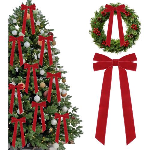 15Pcs Red Velvet Ribbon Bows for Christmas Tree 5in x 10in x 1in Vintage Rustic Velvet Bows Xmas Ornaments for Christmastree Wreath Garland Party Decor (Red)