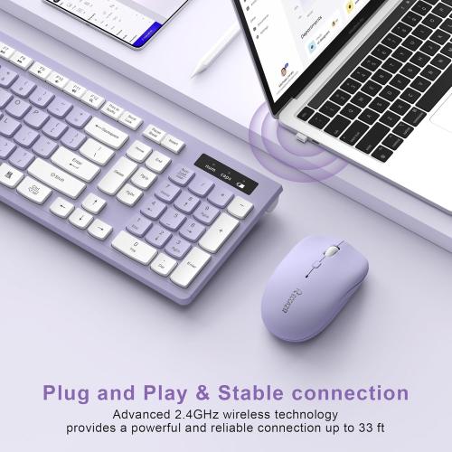 Wireless Keyboard and Mouse Combo, Full-Sized Wireless Keyboard and Adjustable DPI Mouse, 2.4GHz USB Receiver, Silent Keyboard and Mouse for PC, Windows, MAC, Desktop, Laptop(Purple)