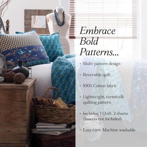 Lush Decor Royal Empire Reversible Cotton Quilt Set, 3 Piece Set King, Peacock - Striped Bedding Set - Floral Quilt King Size - Blue Bedding - Boho Decor