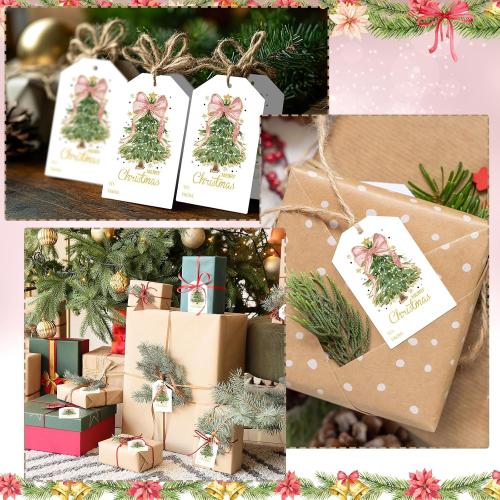 Teling 50 Pcs Christmas Gift Tags with String Pink Bow Merry Christmas Paper Gift Tags Xmas Hanging Label for Happy Holiday for Presents, Modern Paper Xmas Label(Pink Bow)