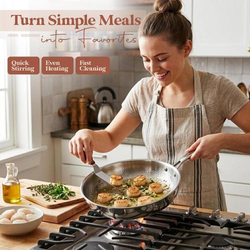 Titanium Frying Pan, Hammered Non-Stick Skillet with Glass Lid & 4 Spatulas, PFAS/PFOA/PTFE-Free, Tri-Ply Stainless Steel, Induction & Oven Safe, Dishwasher Safe Cookware
