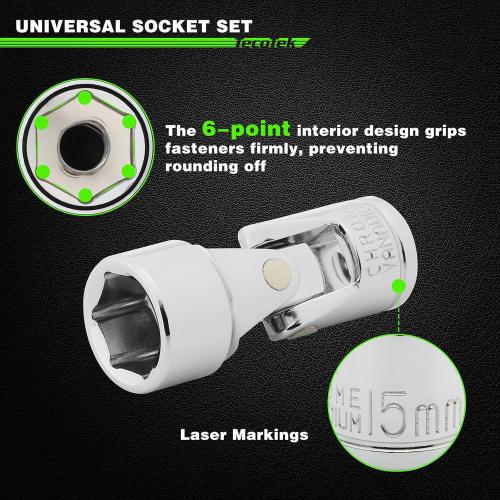 17-Piece 3/8-Inch Drive Universal Joint Socket Set, Swivel Socket Set, 6-Point, SAE (3/8 to 3/4) and Metric (10mm to 19mm), CR-V, Universal Flex Socket for Easier Access to Tight Spaces
