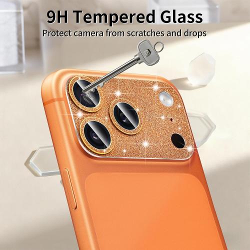 Compatible with iphone 17 Pro Max Camera Lens Protector, Bling Glitter 9H Tempered Glass Anti Scratch Full Protective Len Cover, Orange