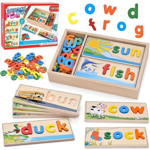 Atoylink Wooden Spell Learning Toys for 2 3 4 5 Year Old Kids Match Letter Spelling Game Board & Letters & Box, CVC Word Builder Toddler Educational Toy Kindergarten Preschool Learning Activities