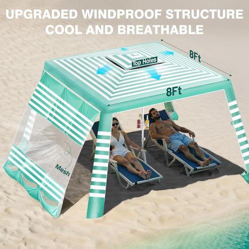 Rhino Valley Beach Cabana, 8 * 8FT Beach Tent UPF50  Protection, Easy Setup Beach Canopy Wind Resistant with Cup Holder, Compact Beach Shade Foldable Beach Tent Sun Shelter, Green White