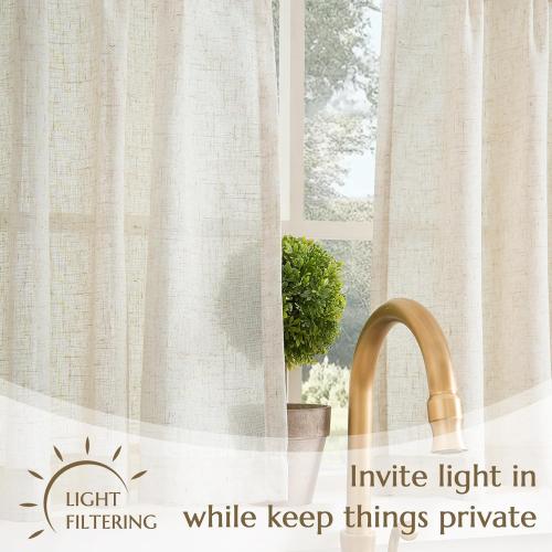 jinchan Linen Pinch Pleated Kitchen Curtains 24 Inch 2 Panels Natural Linen Tier Curtains Back Tab Beige Farmhouse Cafe Light Filtering Small Window Drapes for Bathroom Laundry Room Beige