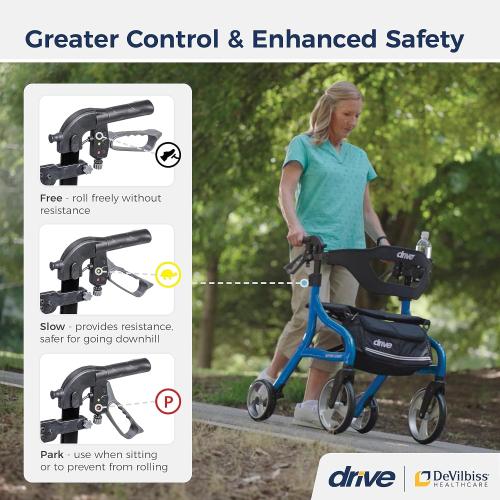 Drive Medical Nitro Sprint Foldable Rollator Walker with Seat, Standard Height Lightweight Rollator with Large Wheels, Folding Rolling Walker, Walker Rollator with Seat, Blue