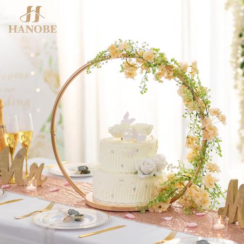 Hanobe Gold Cake Stand for Wedding: 11.7 Inch Round Arch Cupcake Display Stands with Wood Base Decorative Metal Hoop Centerpiece Decor for Party Birthday Baby Shower