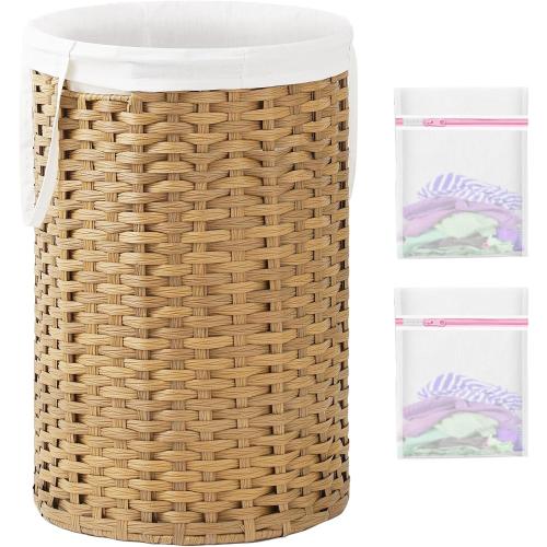 SETVSON 34.3 Gal (130 L) Large Laundry Hamper Laundry Basket Round Handwoven Wicker Laundry Baskets Rattan Laundry Basket with Removable Bag Handles 2 Mesh Bags for Living Room Bedroom Natural(No Lid)