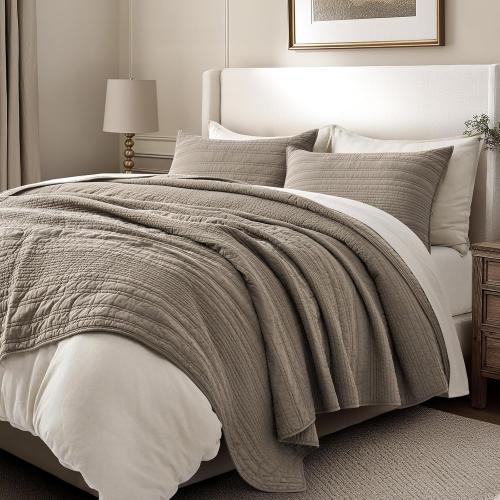 EVERGRACEHOME 100% Cotton Modern Lines Quilt Set King Size, Pre-Washed Soft Striped Coverlet Bedspread, 3 Piece Lightweight Bedding Set for All Season, with 2 Pillow Shams, Stone Taupe