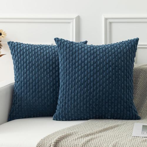 Kevin Textile Throw Pillow Covers Soft Corduroy Decorative Set of 2 Boho Striped Pillow Covers Pillowcases Farmhouse Home Decor for Couch Bed Sofa Living Room 18x18 Inch Blue