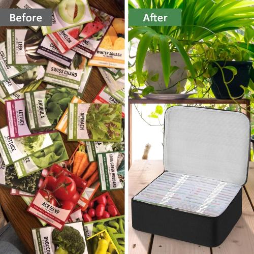 38 Slots Seed Storage Organizer Box with Insulated Bag That Holds 80-200 Seed Envelopes, Oxford Cloth Garden Seed Containers with Labels, Seed Packet Organizer for Plant, Flower ,Vegetable Seeds