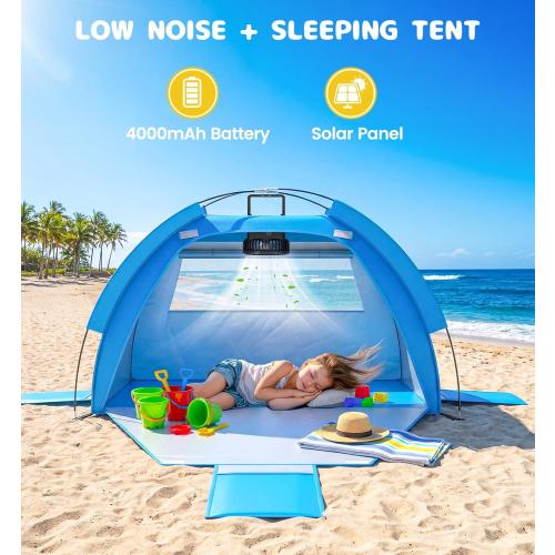 Baby Beach Tent Solar Cooling Fan, Anti-UV Toddler Beach Tent Sun Shelter Portable Travel Fan Beach Shade Tent, Baby Play Tent Built-in Ceiling Fan Sun Shelters Toddler Beach Essentials Blue