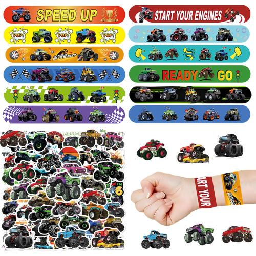 CZWXOXO 74Pcs Monster Car Theme Favors Contain 24 Pcs Slap Bracelets 50Pcs Stickers,Monster Car Theme Birthday Party Decorations,Classroom Rewards Supplies.