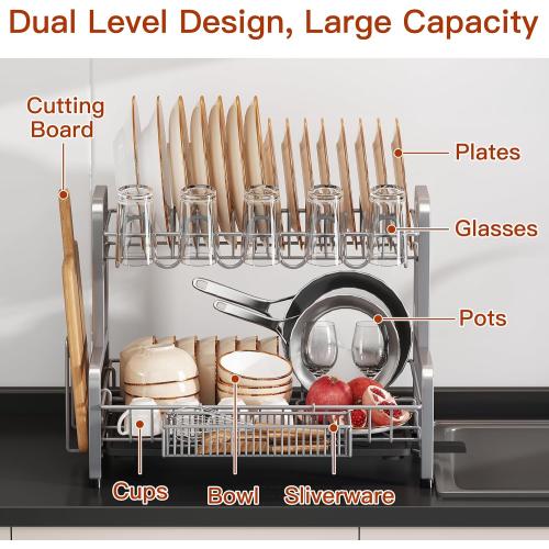 2 Tier Dish Drainers Drying Rack for Kitchen Counter Large Stainless Steel Dishes Drain with Drainboard, Space Saving, Big Modern Silver Countertop Metal Plates Dryer Strainer Holder and Extra Tray