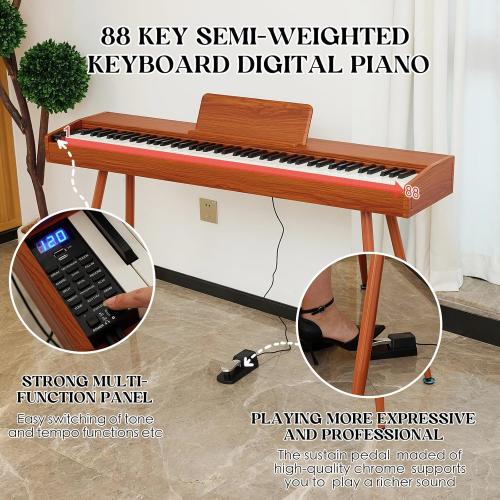 digital Piano 88 Key Semi Weighted Keyboard,Full-size Electric Piano for Beginners,with Sheet Music Stand,Pedal,Power Adapter,Headphone Mode,USB-MIDI (KU-3506 Digital Piano with Stand)