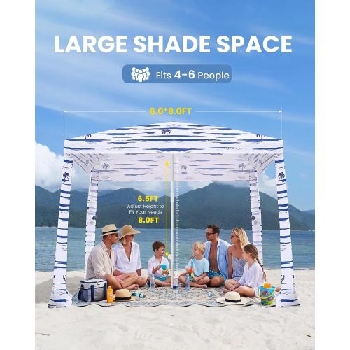 Beach Cabanas for Sand, Foldable Beach Canopy with Sandbags 8' | 43 Compact Fold, 8' x 8' Fits 6 Person, UPF 50 , Wind-Resistant, Privacy Side Wall, Easy Setup, 6.5-8' Adjustable Height