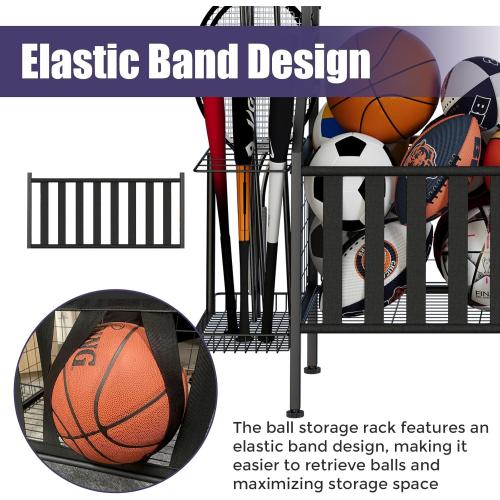 Sports Equipment Organizer, Heavy Duty Golf Bags Stand, Extra Large Ball Storage Rack for Garage, Sports Gear Storage with Basket and Hooks, Black
