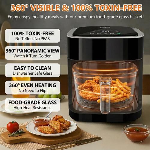 Glass Air Fryer, Non-Toxic Borosilicate Glass Basket with 360° View, Upgraded Food-Grade Stainless Steel Tray, 8-in-1 One-Touch Presets, Teflon-Free & Dishwasher Safe, Black