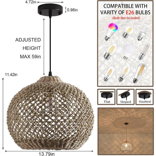 Rattan Pendant Light Fixture,13.79 Boho Rattan Kitchen Island Seagrass Lighting, Hand Woven Coastal Wicker Chandelier,for Farmhouse Dining Room Entryway Foyer 1-Light
