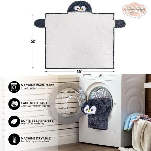 Penguin Wearable Hooded Blanket for Adults - Fluffy Super Soft Shaggy Faux Fur, Fuzzy Warm Cozy Plush Furry Fleece & Sherpa Hoodie Throw Cloak Wrap - Penguin Gifts for Women Adults and Kids